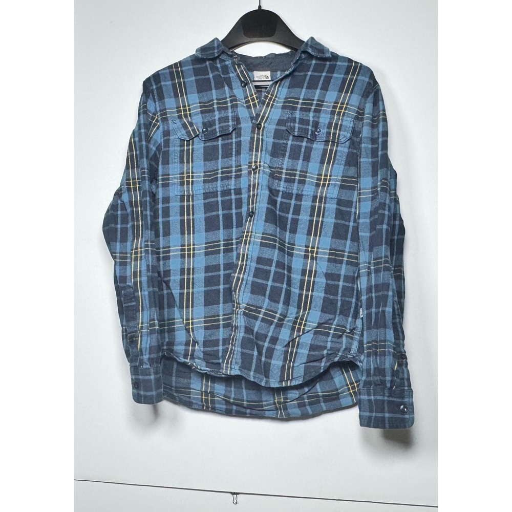 The North Face Flannel Shirt Men Medium Blue Multi Check Plaid Pleated Button Up